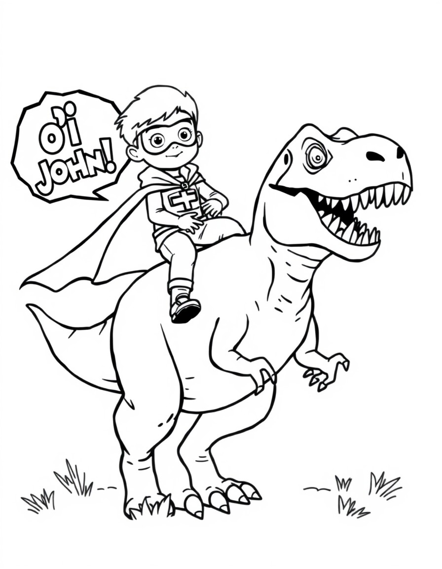 superhero boy riding on top of a rex dinosaur talking 'oi john' in the background