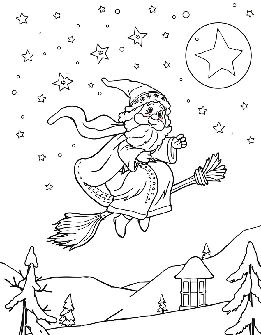 Create a children's coloring image showing grandmother Befana with a bitorkelty and curved nose flying in the night sky on a broom, surrounded by stars and Christmas lights. Add a snowy landscape with
