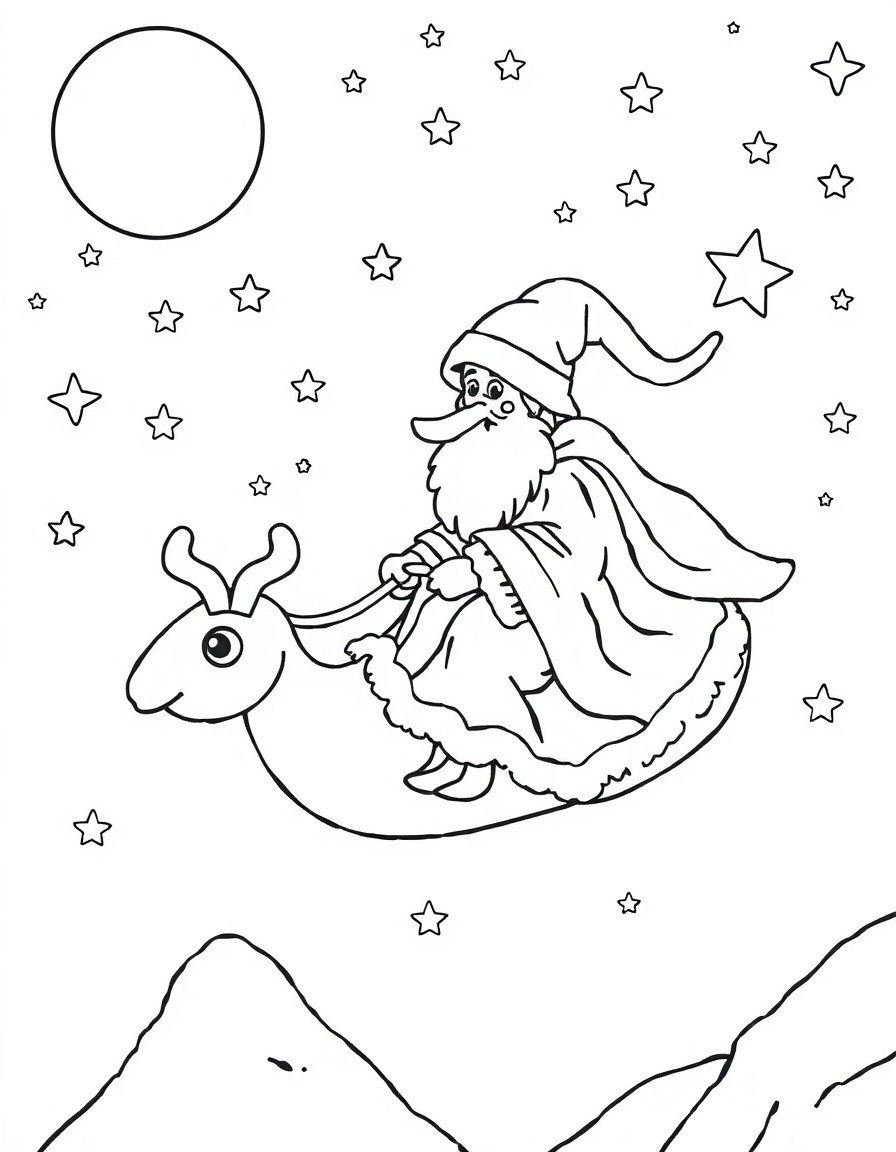 Crea un'immagine da colorare per bambini che mostra la Befana con naso bitorzoluto e ricurvo che vola nel cielo notturno su una scopa, circondata da stelle e luci di Natale. Aggiungi un paesaggio inne