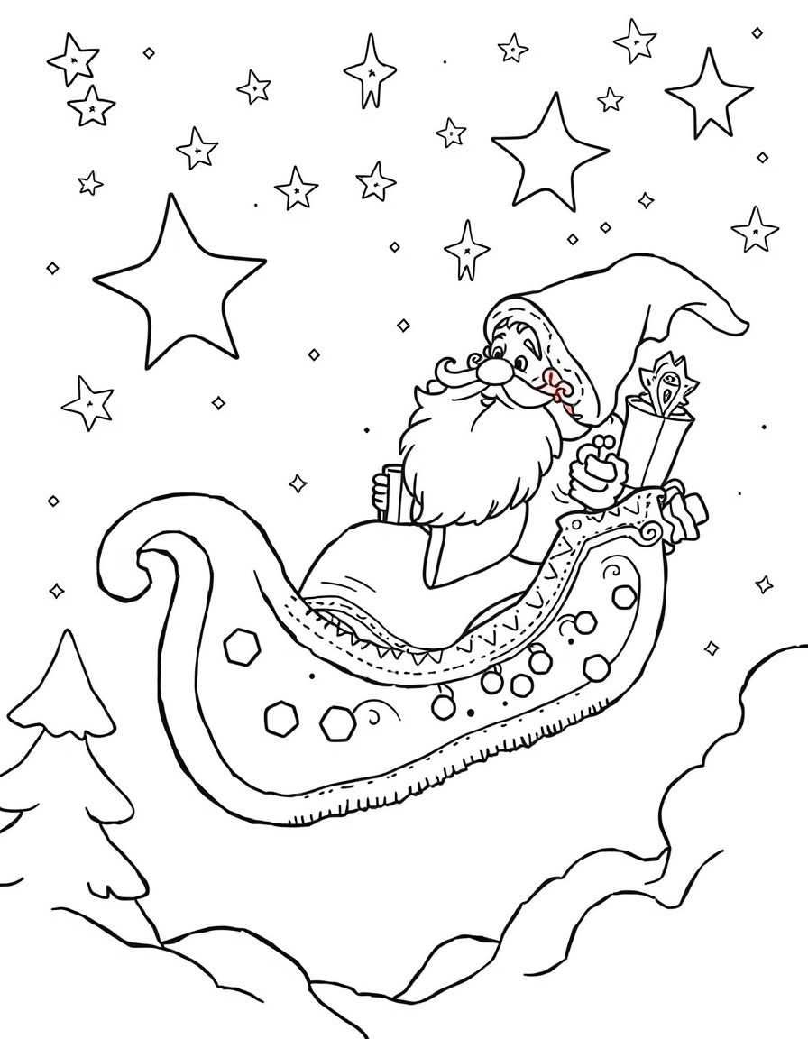 Crea un'immagine da colorare per bambini che mostra la Befana con naso bitorzoluto e ricurvo che vola nel cielo notturno su una scopa, circondata da stelle e luci di Natale. Aggiungi un paesaggio inne