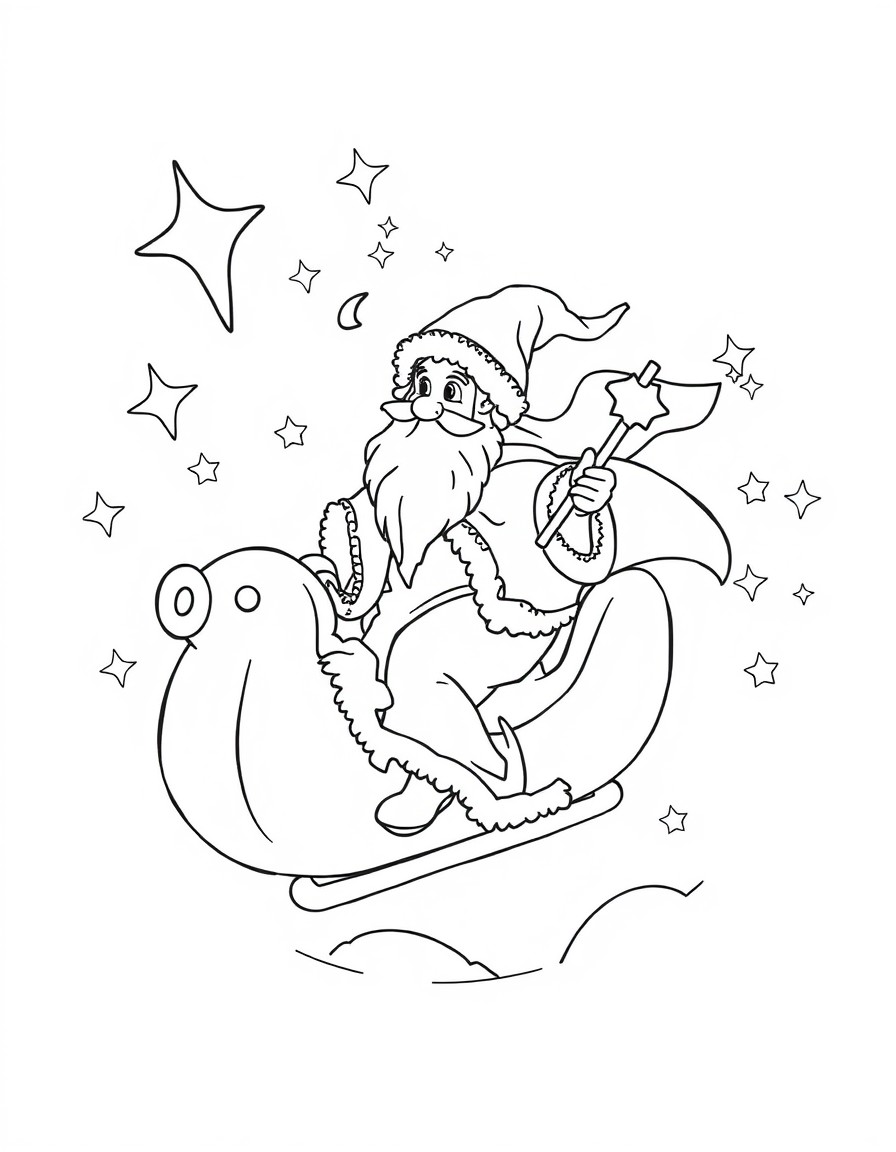 Crea un'immagine da colorare per bambini che mostra la Befana con naso bitorzoluto e ricurvo che vola nel cielo notturno su una scopa, circondata da stelle e luci di Natale. Aggiungi un paesaggio inne