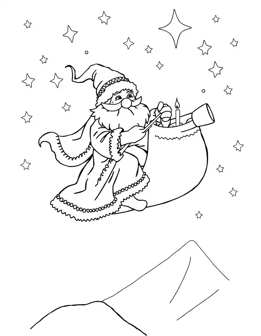 Crea un'immagine da colorare per bambini che mostra la Befana con naso bitorzoluto e ricurvo che vola nel cielo notturno su una scopa, circondata da stelle e luci di Natale. Aggiungi un paesaggio inne