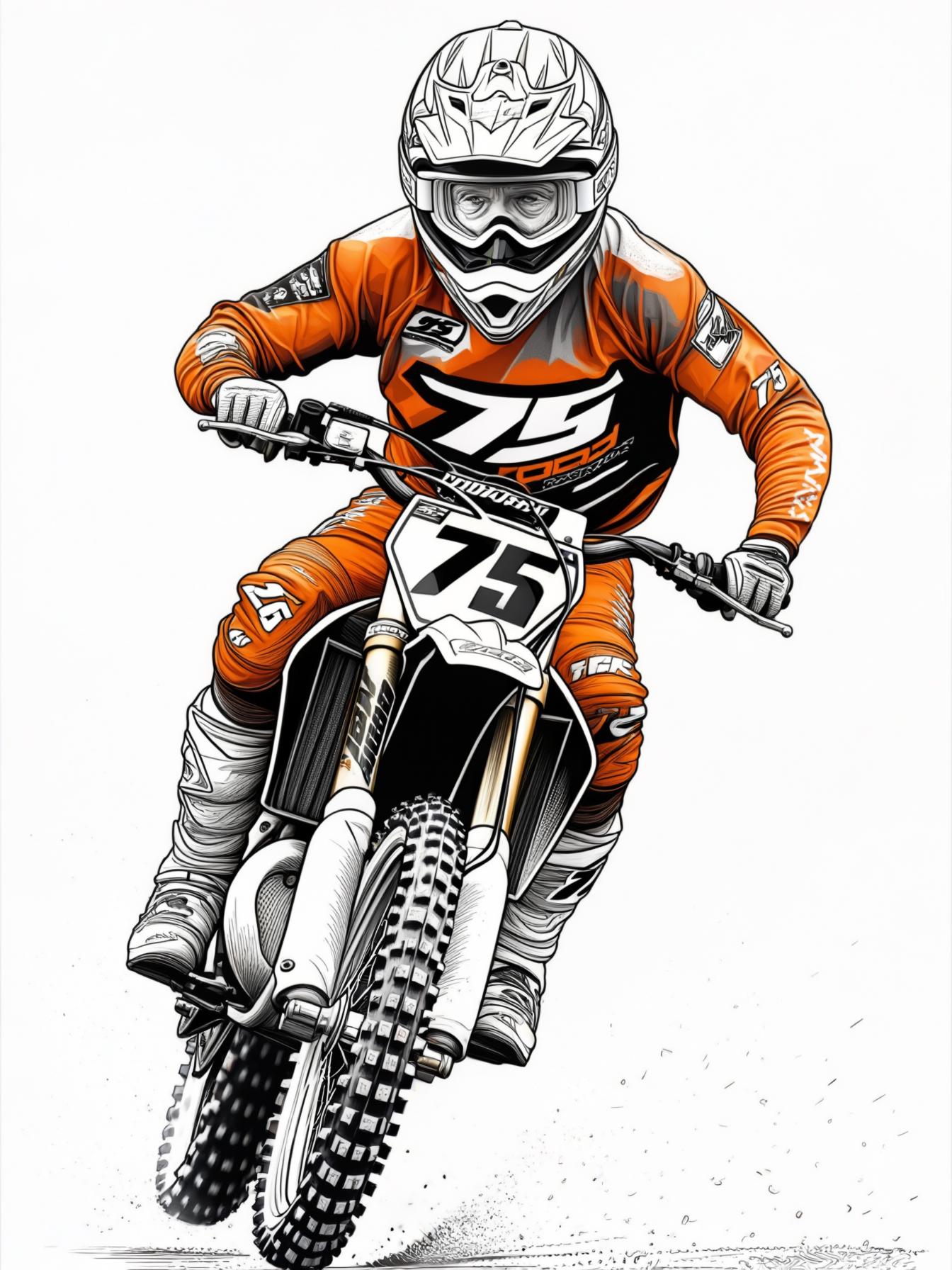 Einen lteren Motocrosser, orange Hemd und der Nummer 75 auf dem Hemd