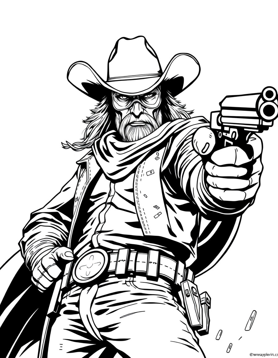 Mean superhero with a country western style