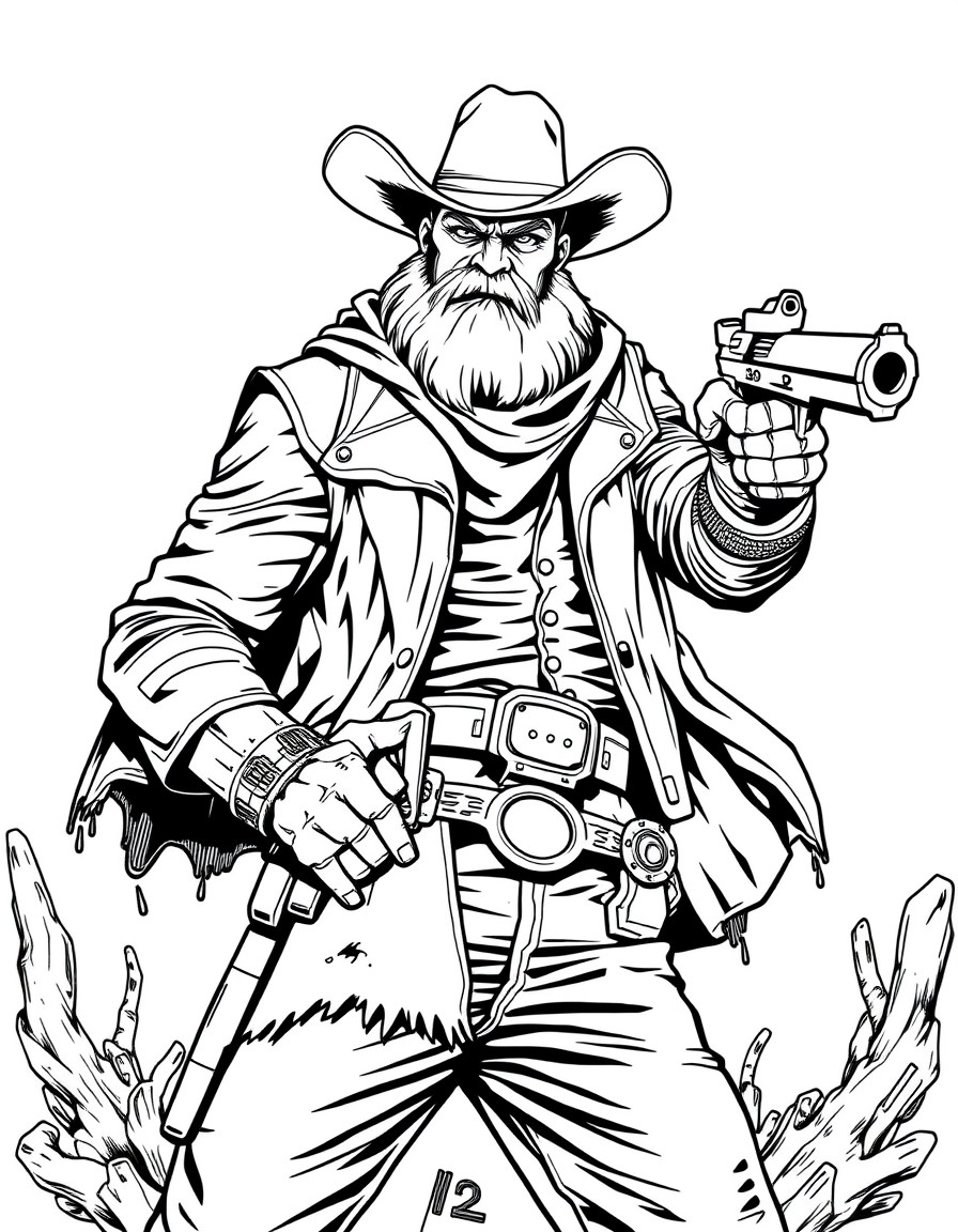 Mean superhero with a country western style