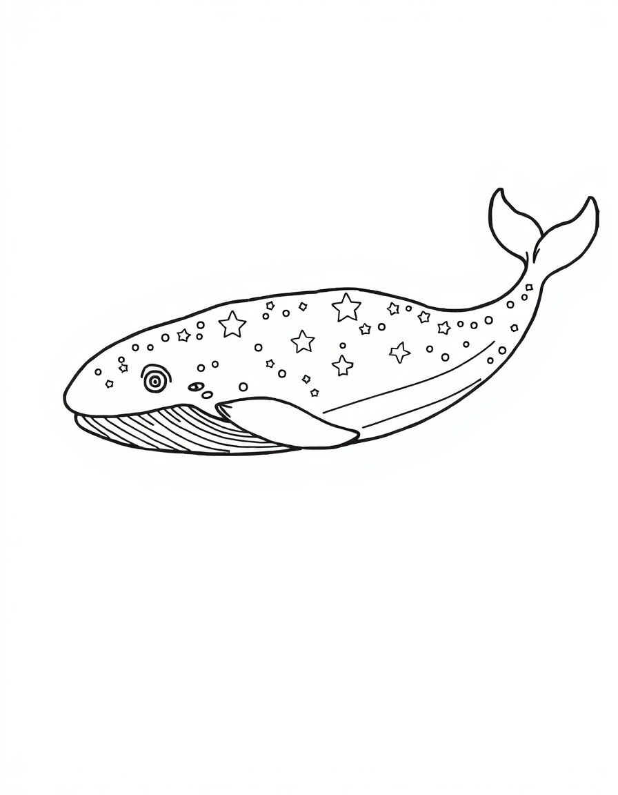 A large, graceful starwhale floating through outer space. Its body is smooth and whale-like, covered in glowing star patterns and soft galaxy swirls. The fins are long, flowing, and semi-transparent l
