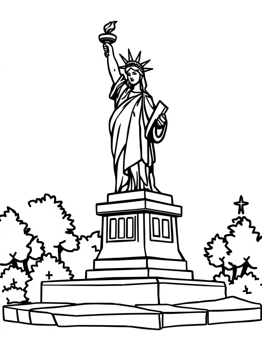 Cartoon-style Statue of Liberty for kids, thick outlines, black and white, simple coloring page, clean and no background