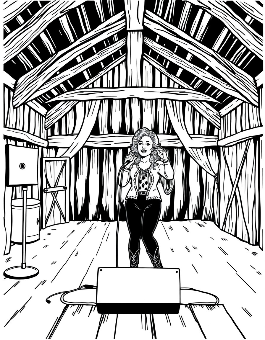 dolly parton  singing on stage in a old barn