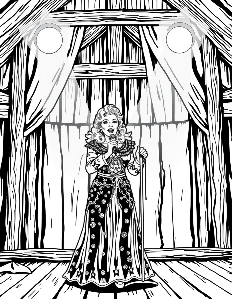 dolly parton  singing on stage in a old barn