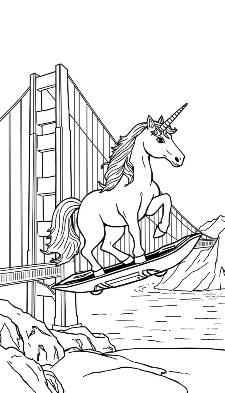 A dreamy and fantastical image of a unicorn riding a hoverboard with a backdrop of the famous Golden Gate Bridge in San Francisco.