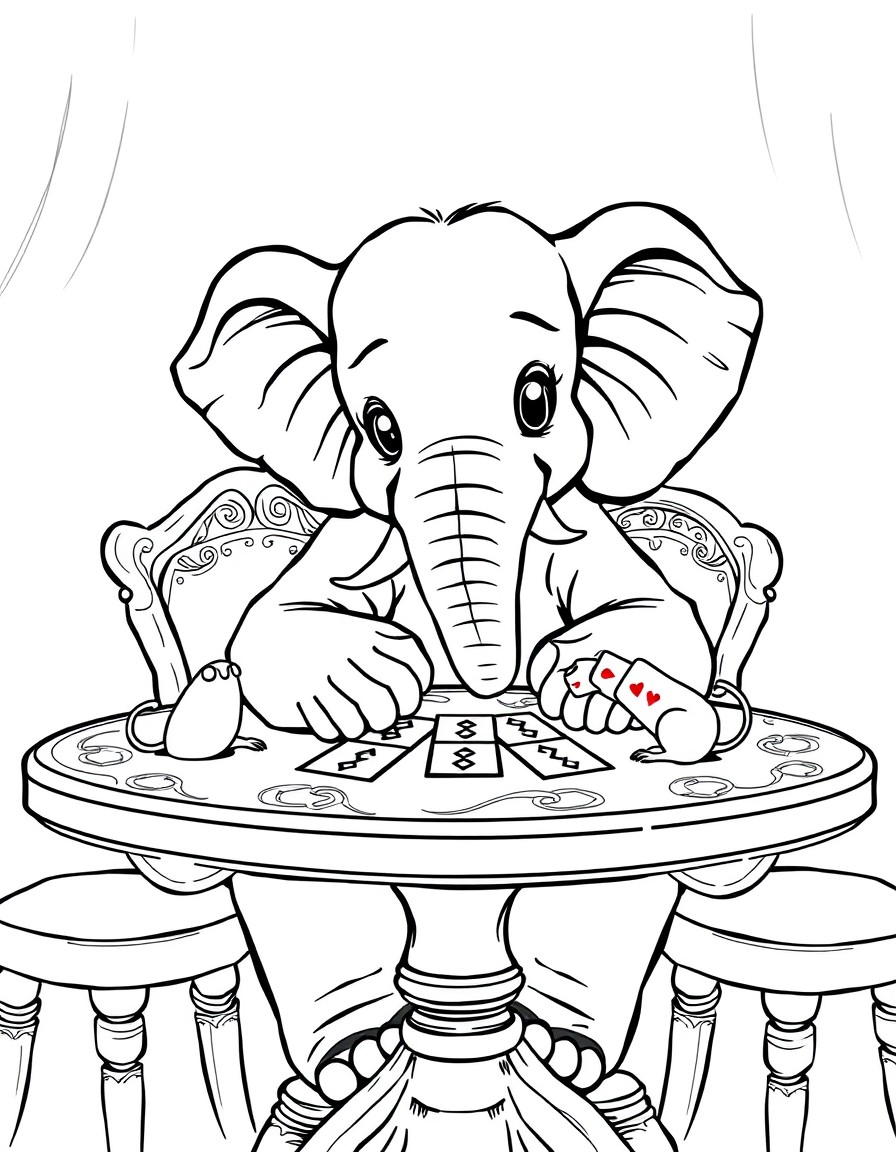 A young elephant sits at a table playing cards with a mouse