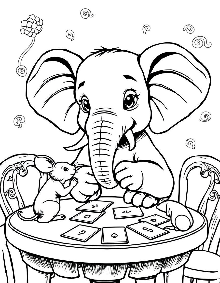 A young elephant sits at a table playing cards with a mouse