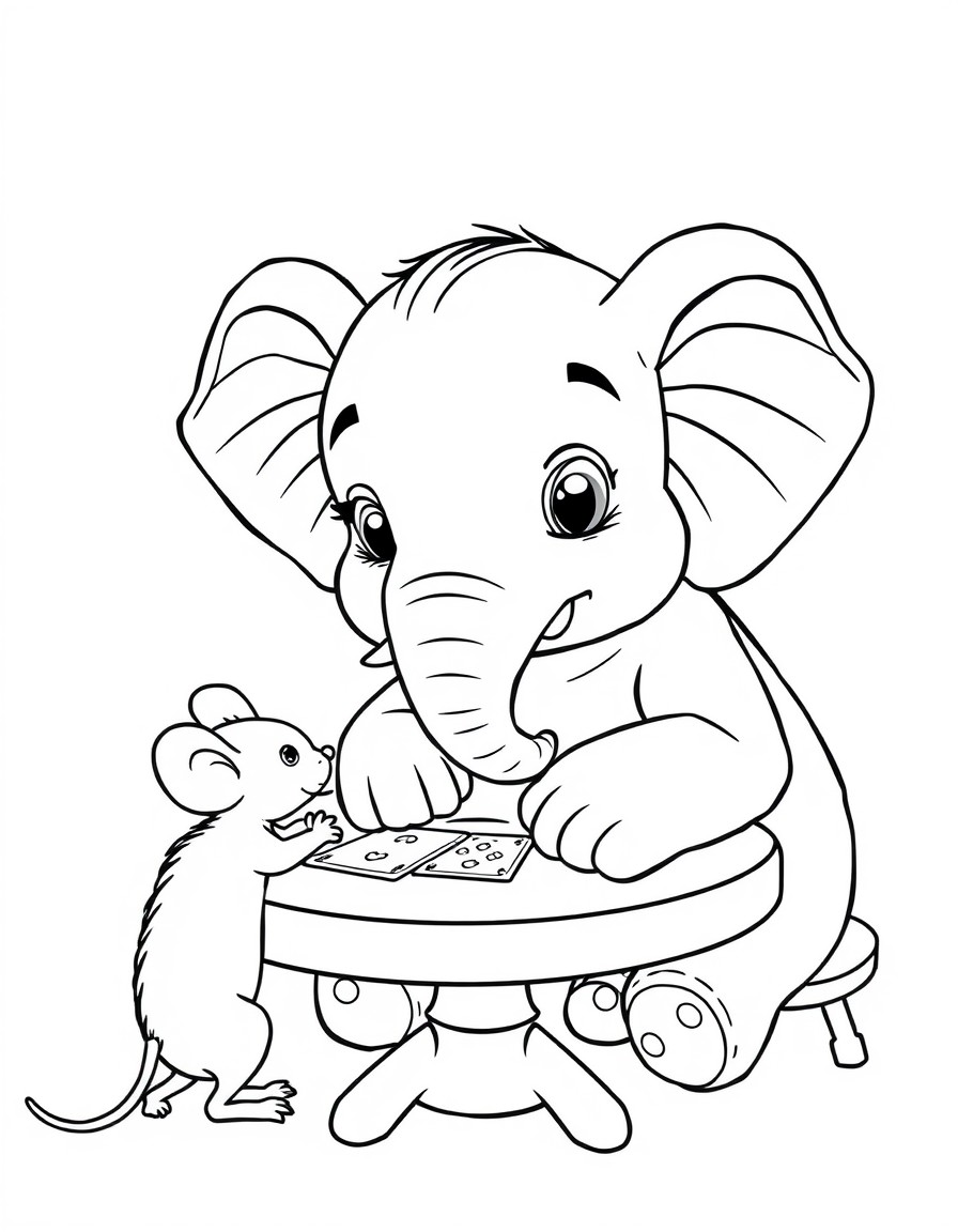 A young elephant sits at a table playing cards with a mouse