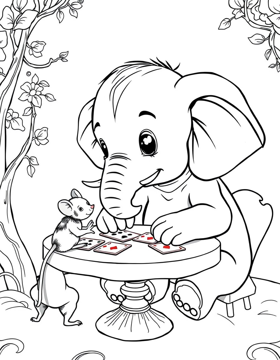 A young elephant sits at a table playing cards with a mouse