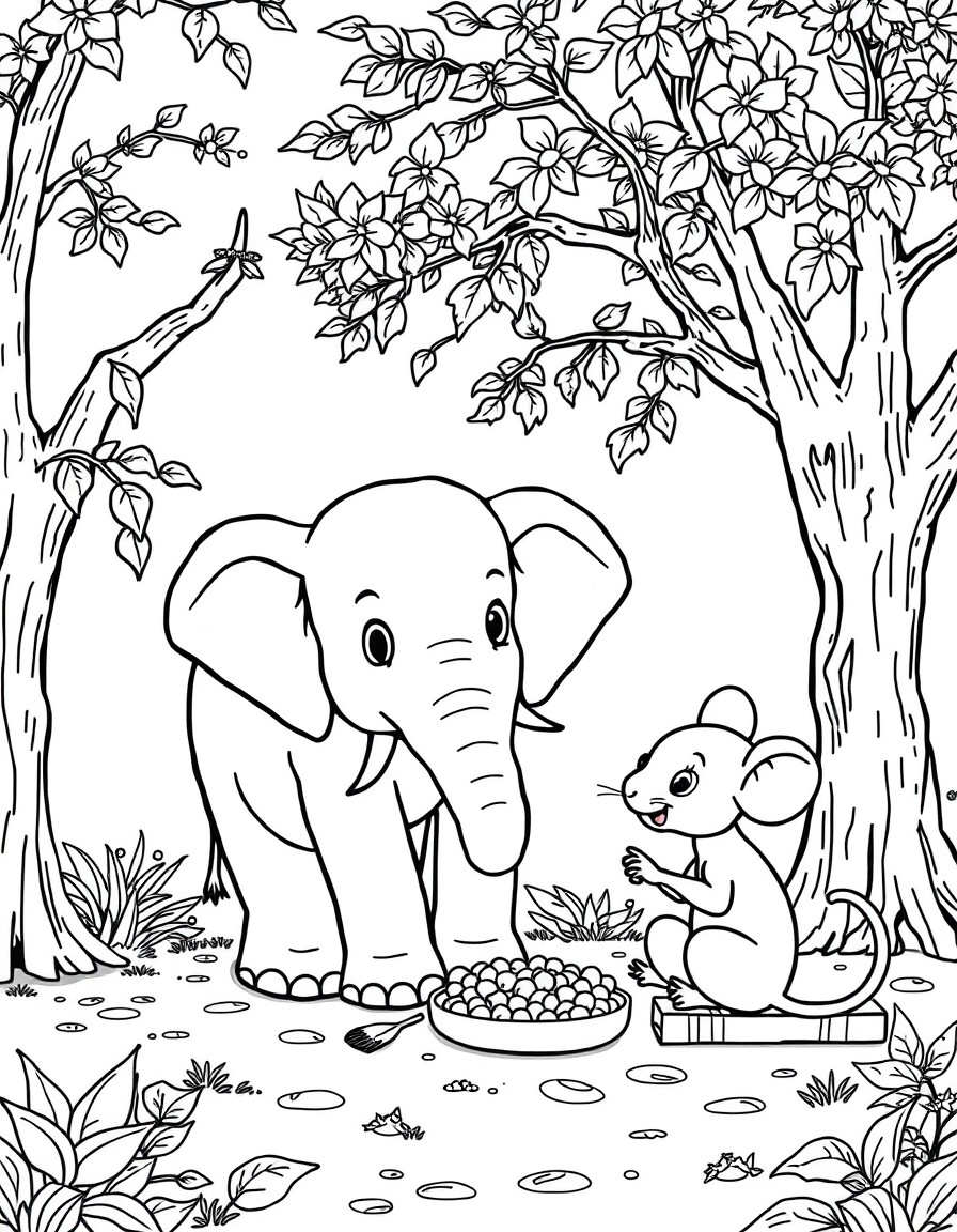 a young elephant and his friend, a mouse sitting in a park eating lunch