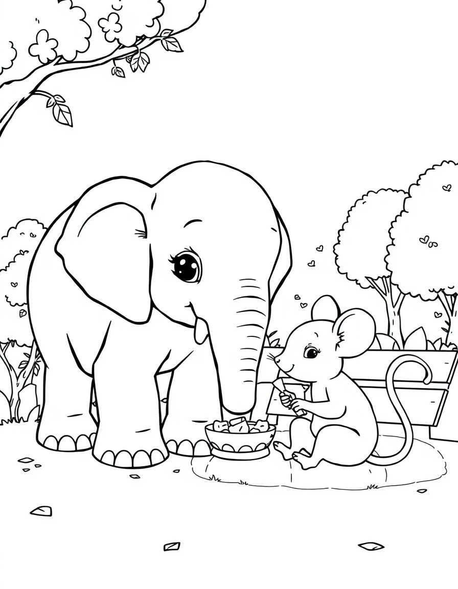 a young elephant and his friend, a mouse sitting in a park eating lunch