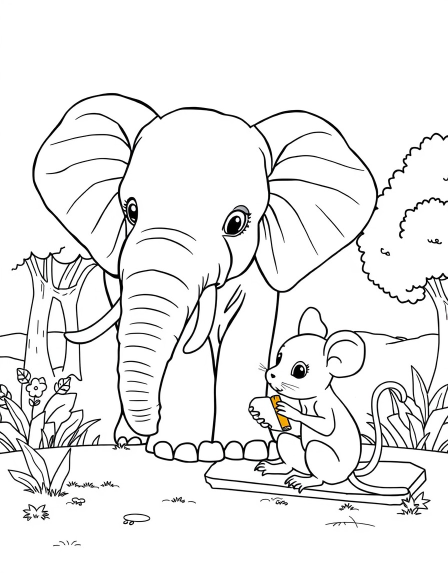 a young elephant and his friend, a mouse sitting in a park eating lunch