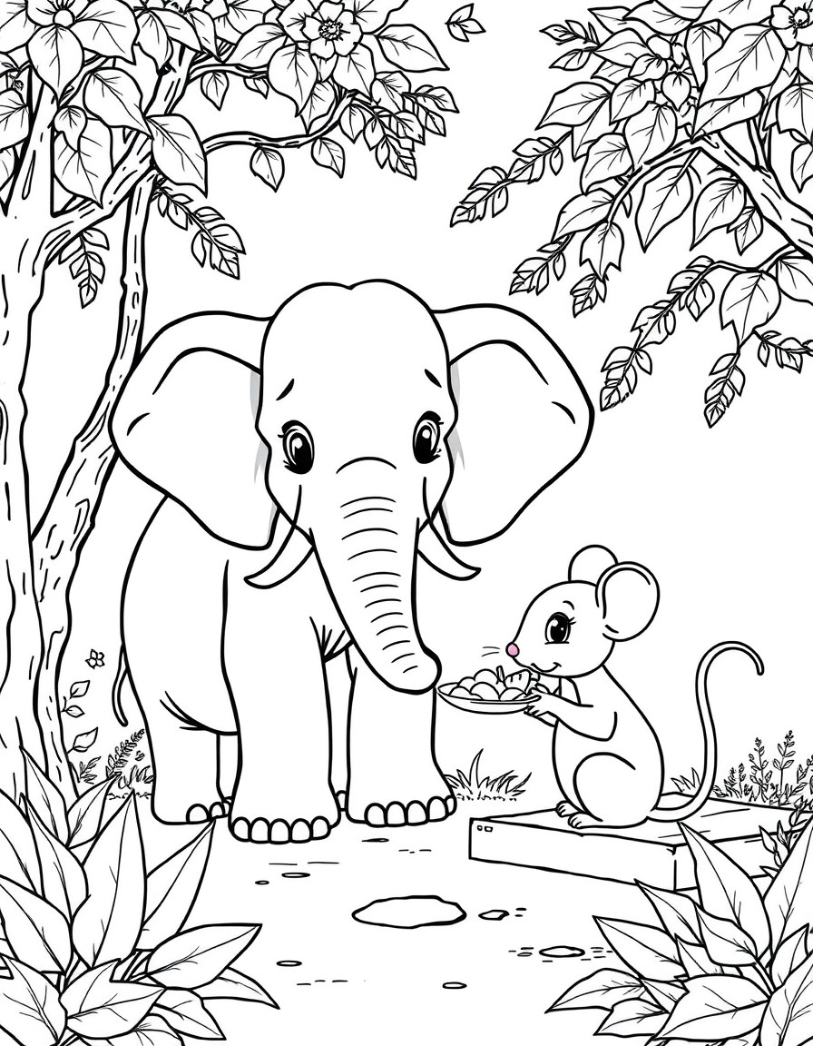 a young elephant and his friend, a mouse sitting in a park eating lunch