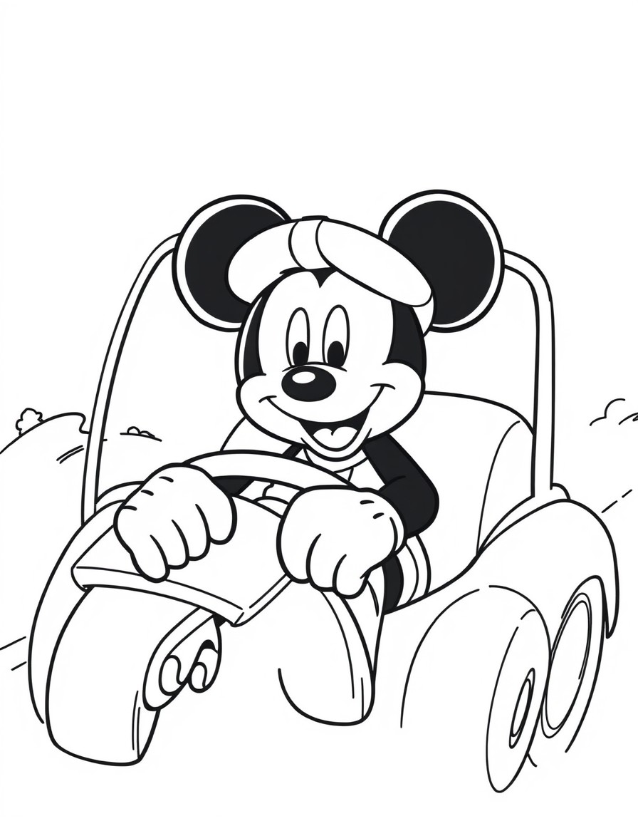 Mickey Mouse Driving a Car Coloring Page