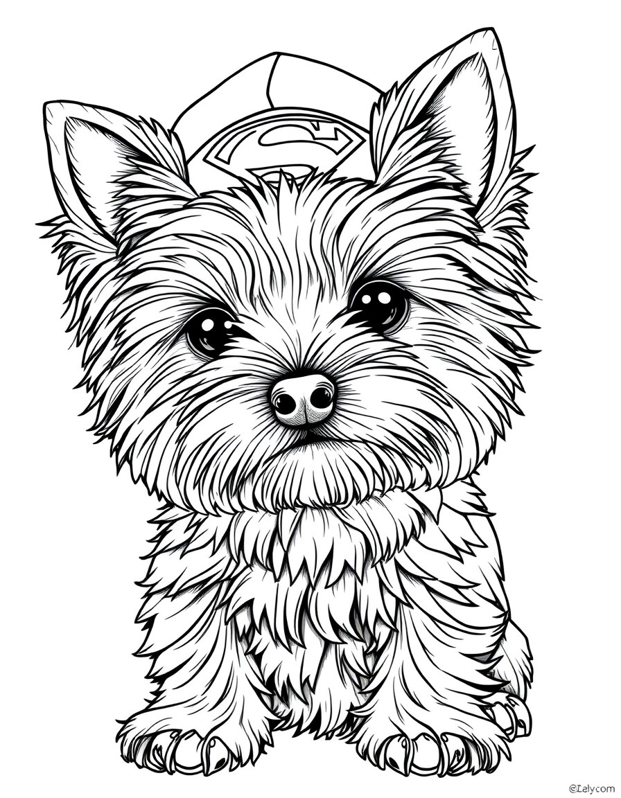 yorkie with "Superman" cap
