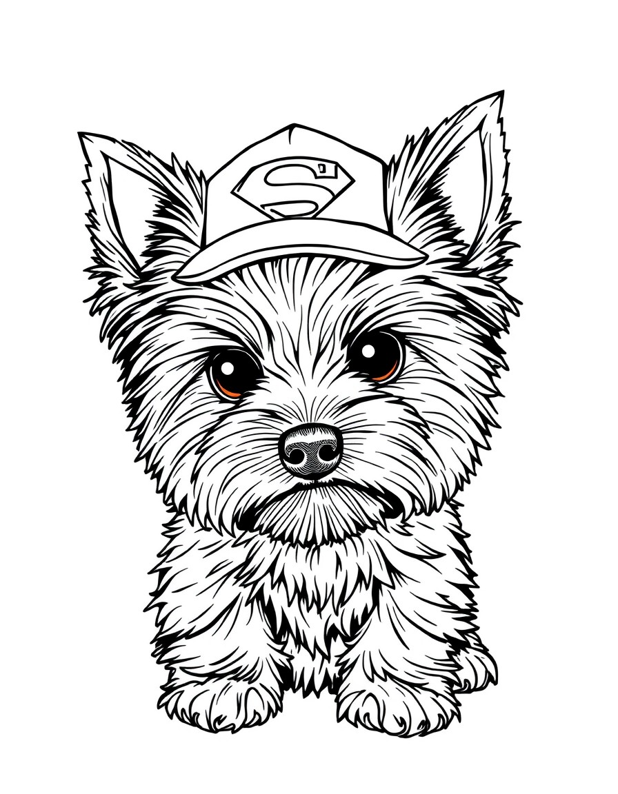 yorkie with "Superman" cap