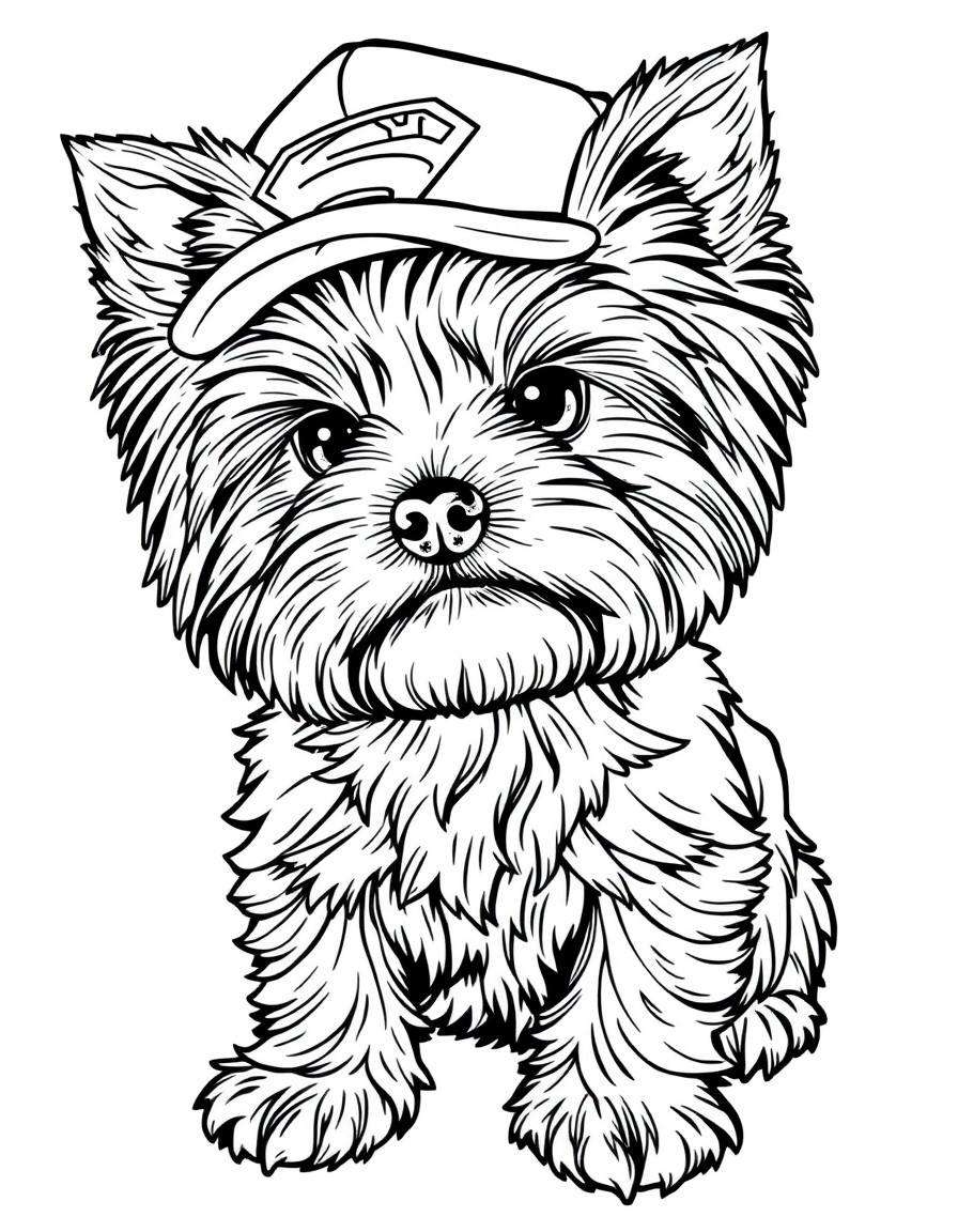 yorkie with "Superman" cap