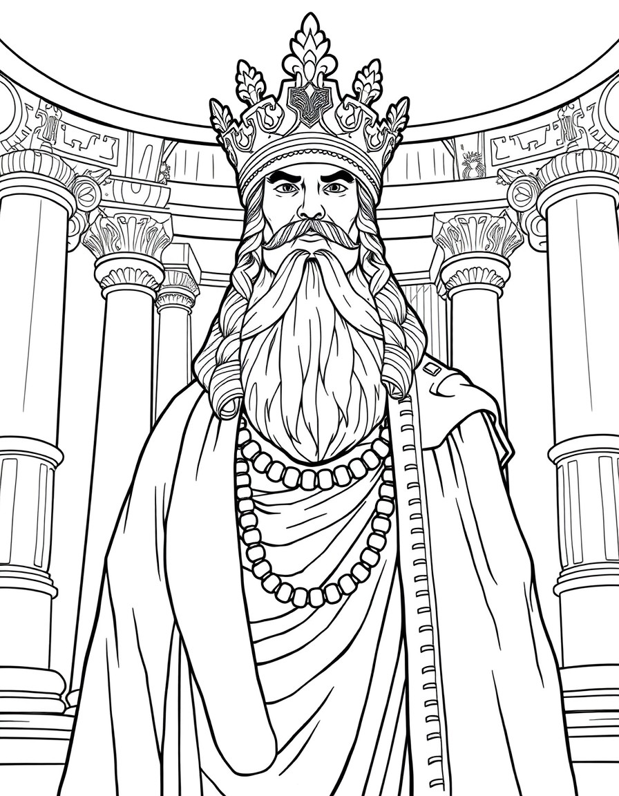 Here is a prompt to generate an image based on the story of King Midas  "A majestic ancient Greek king, Midas, dressed in royal golden robes, standing in his grand palace. His face shows both awe and