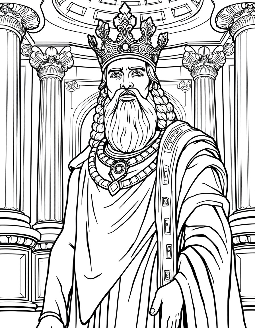 Here is a prompt to generate an image based on the story of King Midas  "A majestic ancient Greek king, Midas, dressed in royal golden robes, standing in his grand palace. His face shows both awe and
