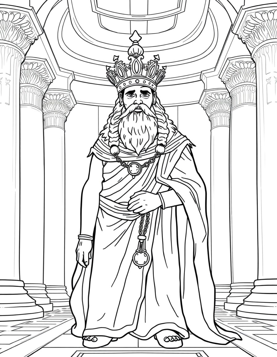 Here is a prompt to generate an image based on the story of King Midas  "A majestic ancient Greek king, Midas, dressed in royal golden robes, standing in his grand palace. His face shows both awe and