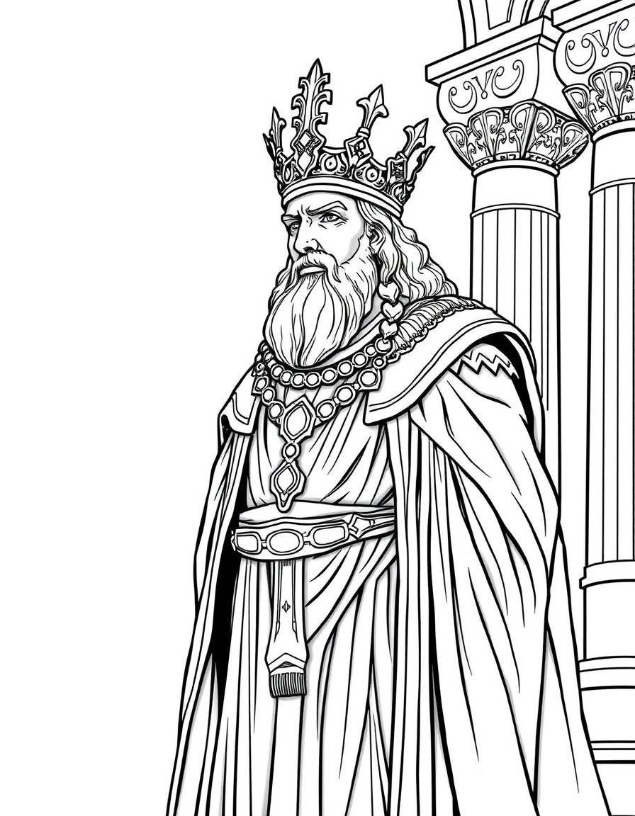 Here is a prompt to generate an image based on the story of King Midas  "A majestic ancient Greek king, Midas, dressed in royal golden robes, standing in his grand palace. His face shows both awe and