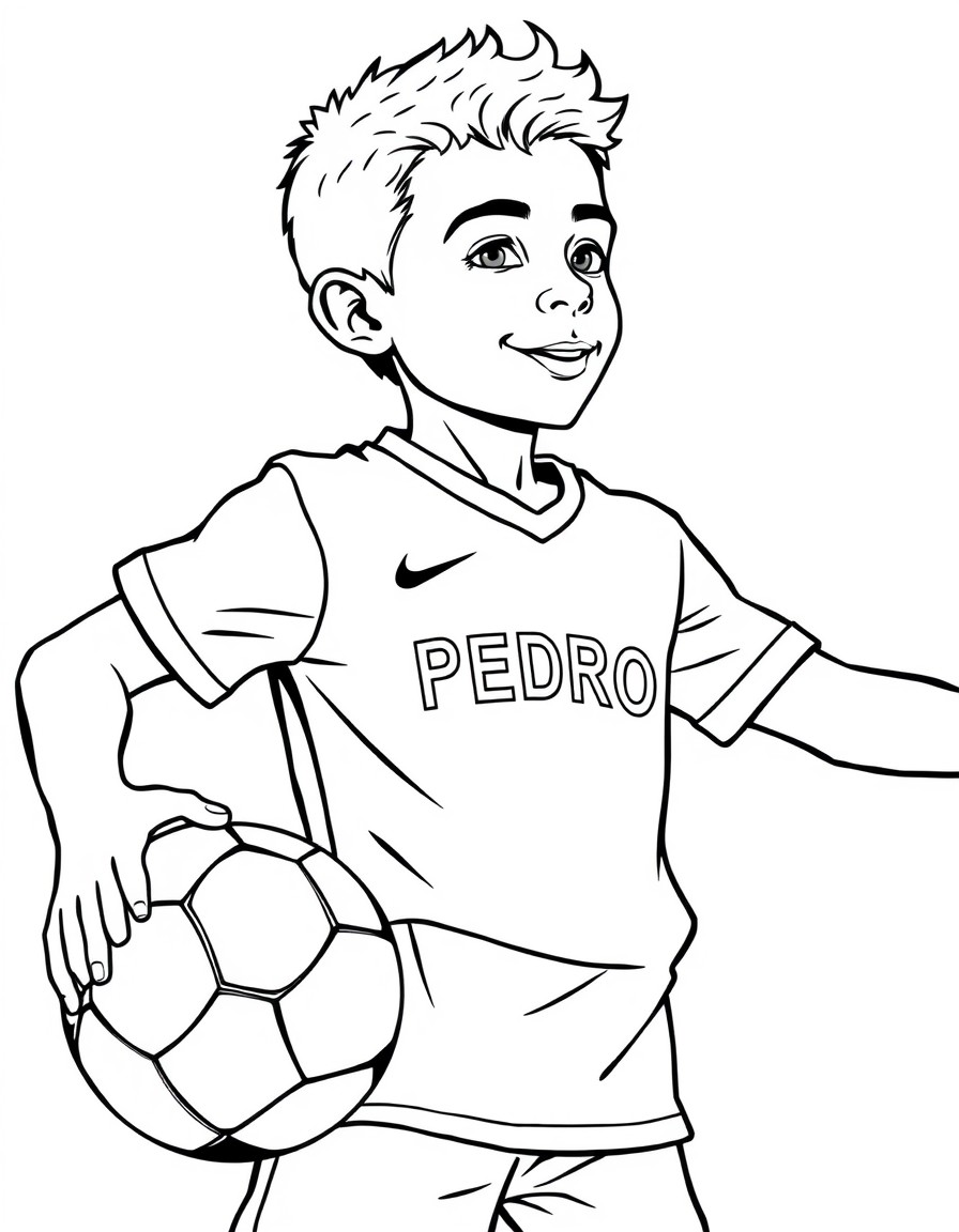 Jogador de futebol de 6 anos de idade com uma camisa super bonita e tendo o nome PEDRO escrito no peito e nas costas.