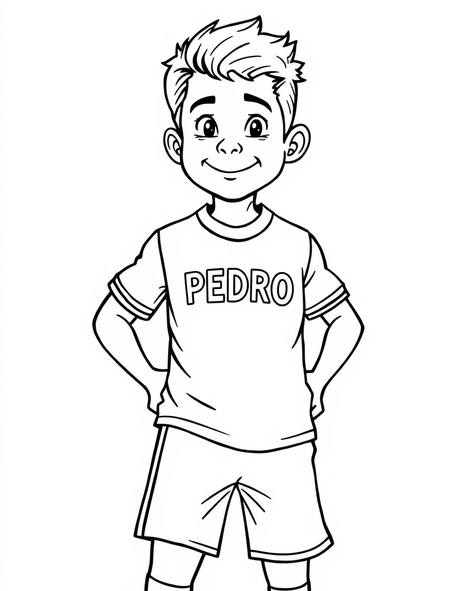 Jogador de futebol de 6 anos de idade com uma camisa super bonita e tendo o nome PEDRO escrito no peito e nas costas.