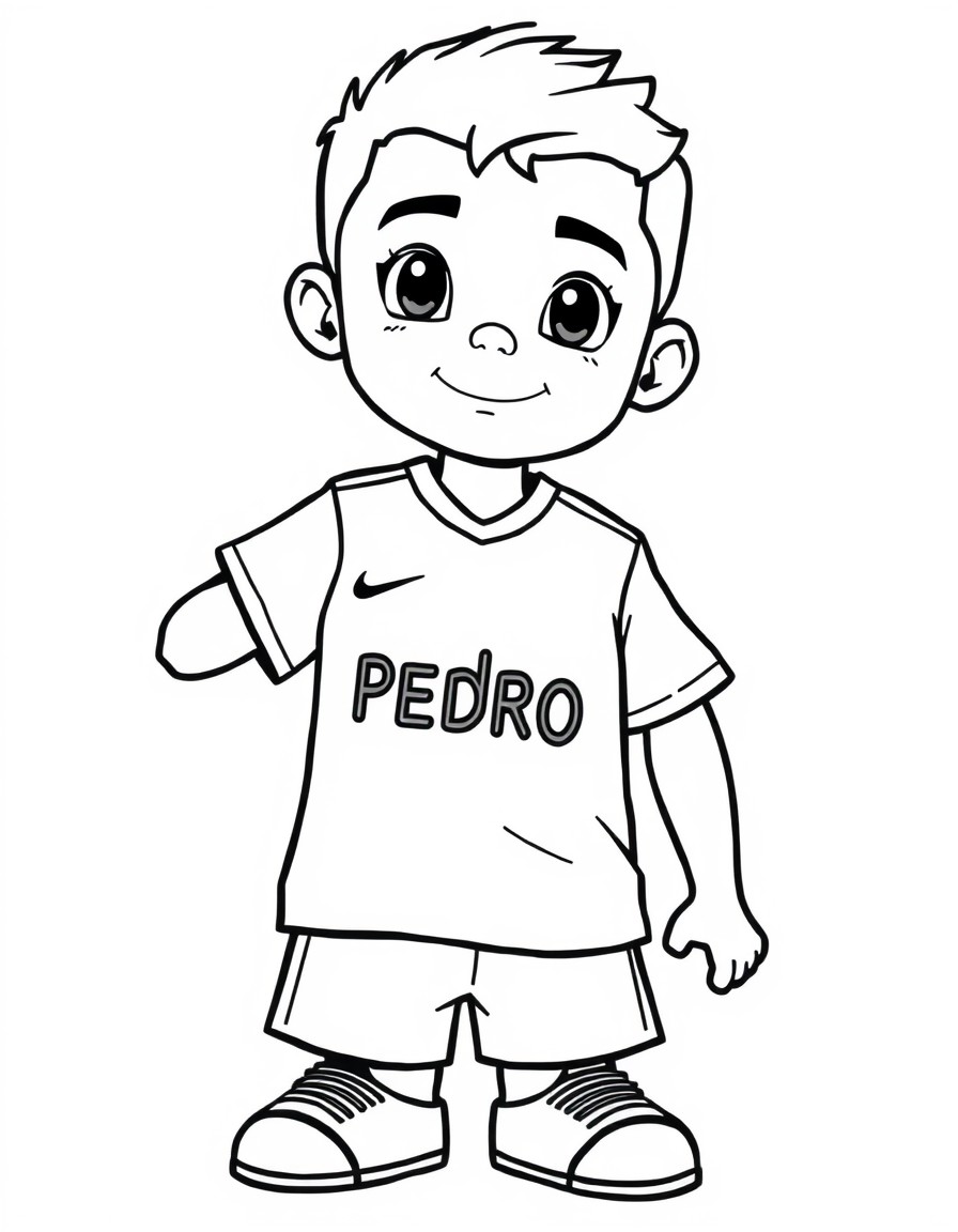 Jogador de futebol de 6 anos de idade com uma camisa super bonita e tendo o nome PEDRO escrito no peito e nas costas.