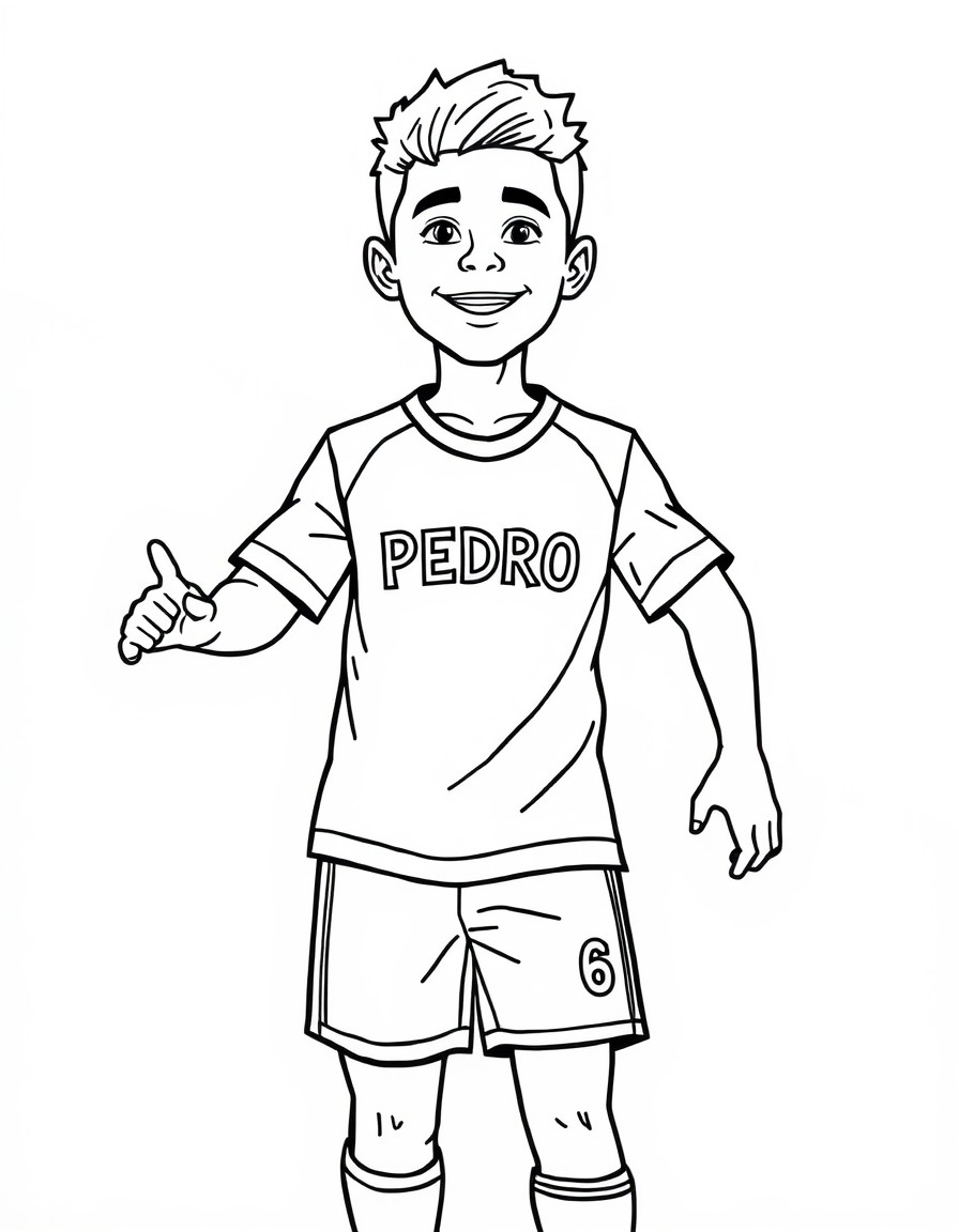 Jogador de futebol de 6 anos de idade com uma camisa super bonita e tendo o nome PEDRO escrito no peito e nas costas.