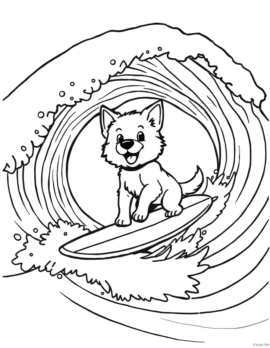 a cute little afegan dog is surfing in the biggest wave