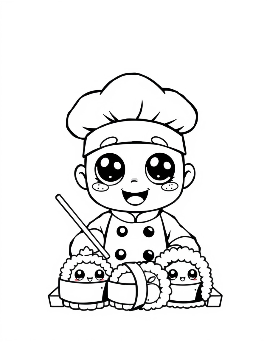 A kawaii-style sushi chef preparing adorable sushi characters with giant eyes and cute smiles