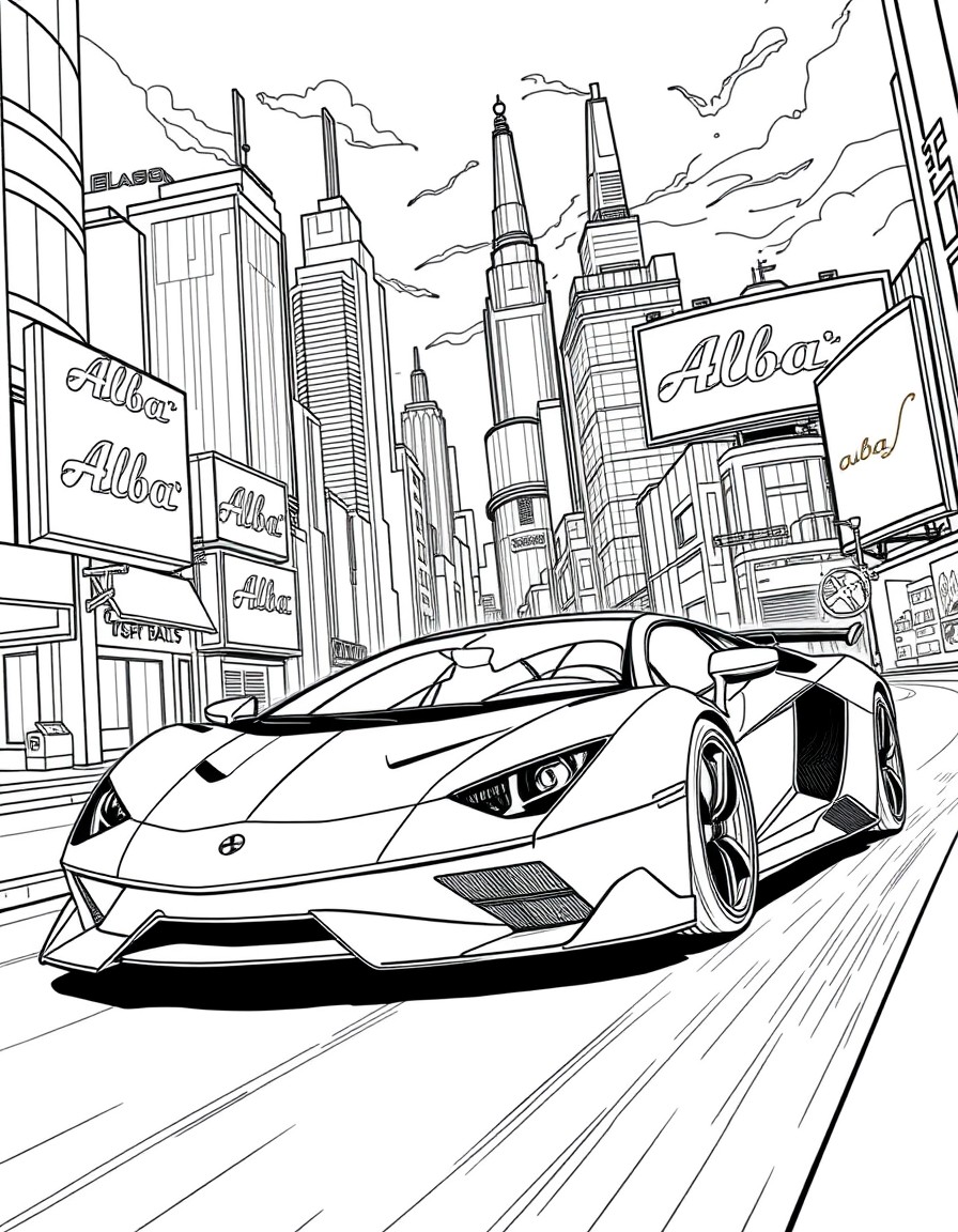 A supercar speeding through a futuristic city with billboards showing Alba'