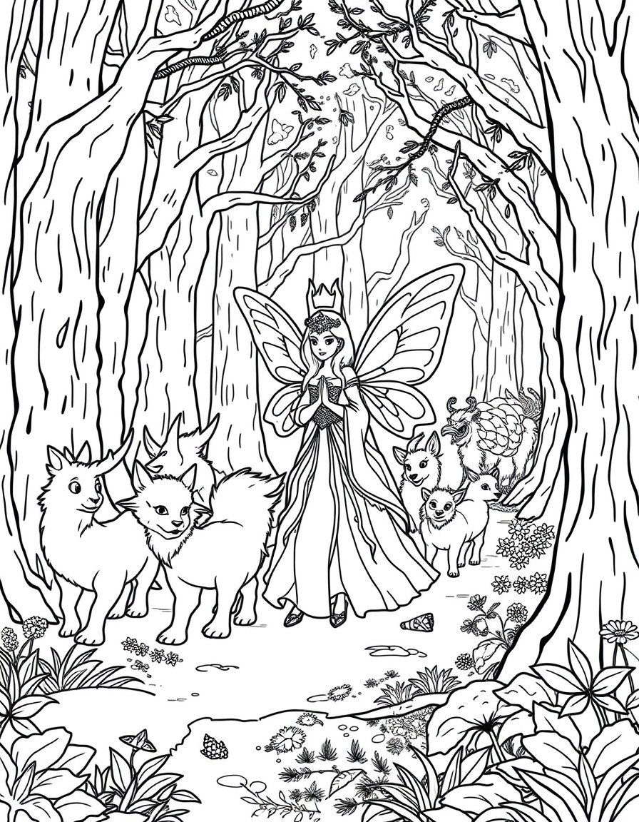 A fairy queen leading a parade of magical creatures through an ancient forest