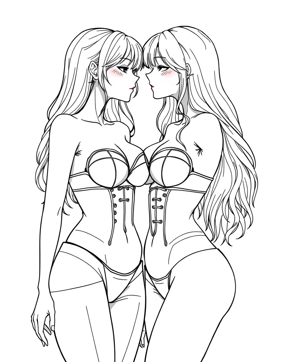 waist bra , under the chest, corsetless, 2girls full length style, best quality, masterpiece, ultra-detailed , high quality, pussy video without panties, useless, Yuri, Yuri sex, , kiss,