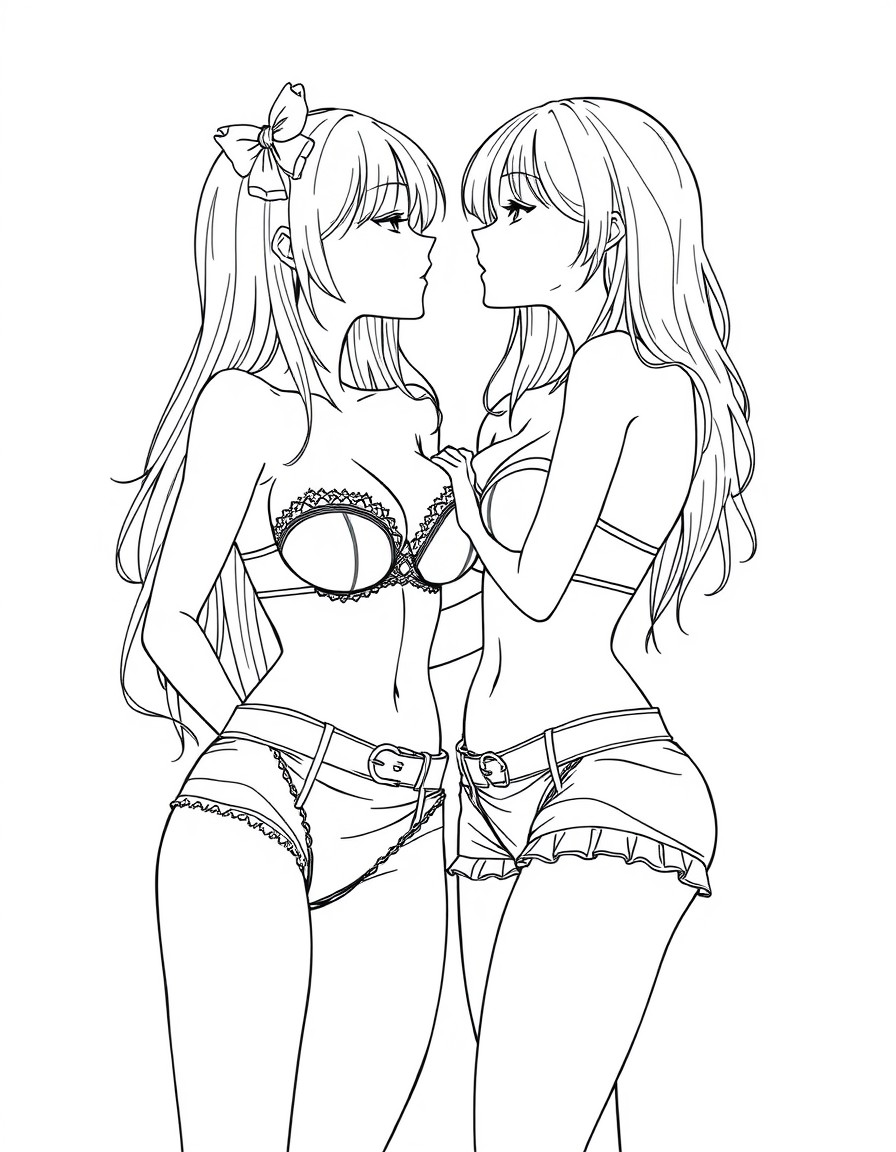 waist bra , under the chest, corsetless, 2girls full length style, best quality, masterpiece, ultra-detailed , high quality, pussy video without panties, useless, Yuri, Yuri sex, , kiss,