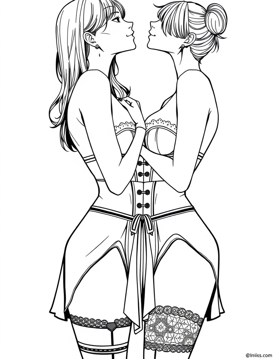 waist bra , under the chest, corsetless, 2girls full length style, best quality, masterpiece, ultra-detailed , high quality, pussy video without panties, useless, Yuri, Yuri sex, , kiss,