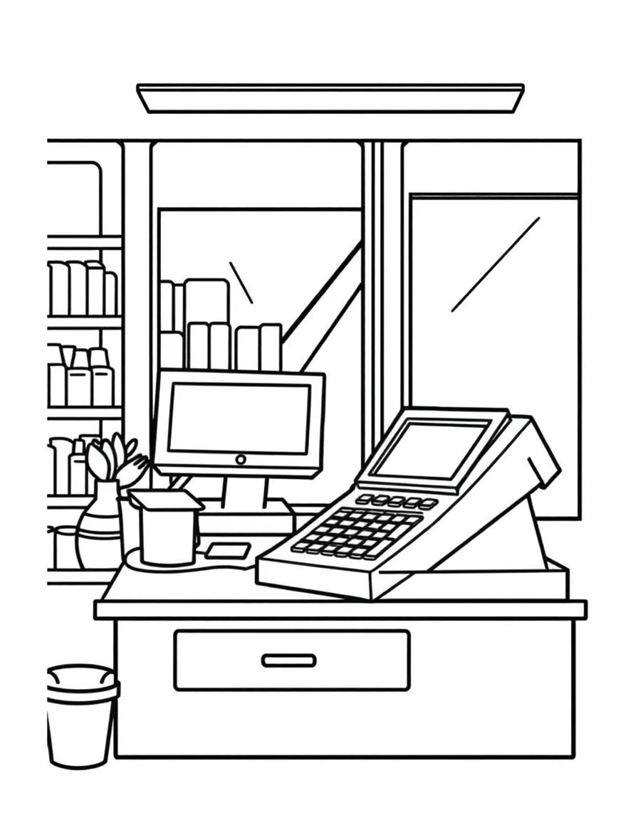 cash register in a shop with a computer windows