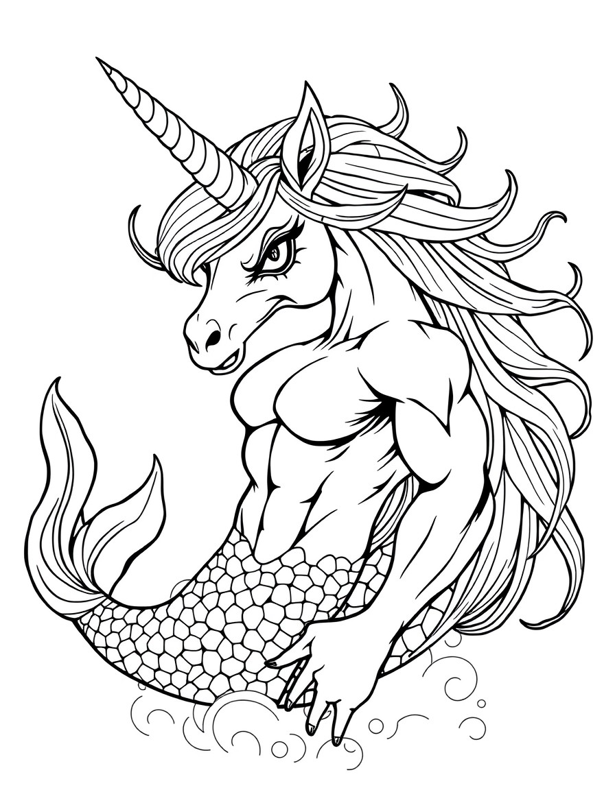 unicorn mermaid with evil look and muscles