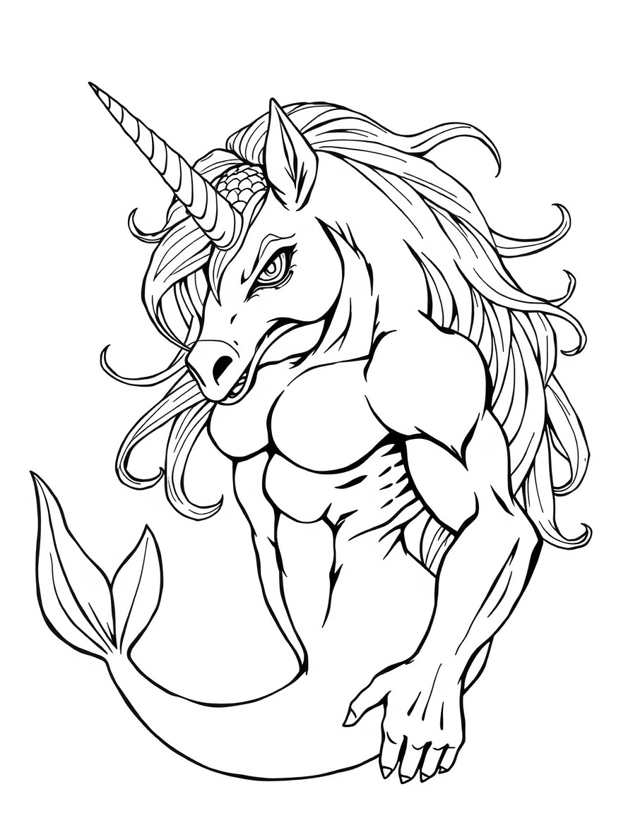 unicorn mermaid with evil look and muscles