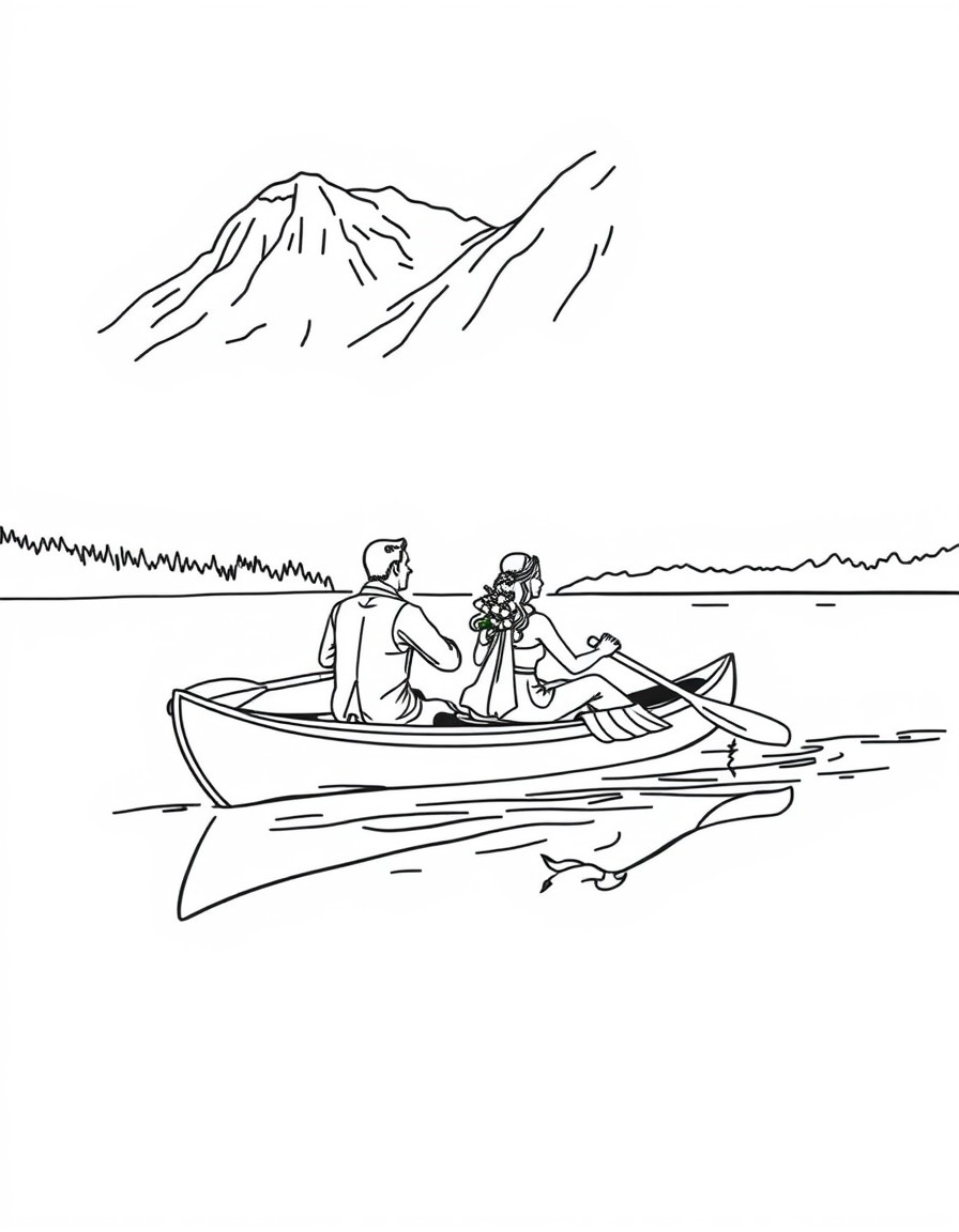 a bride and groom paddling in a double kayak on a norwegian lake.