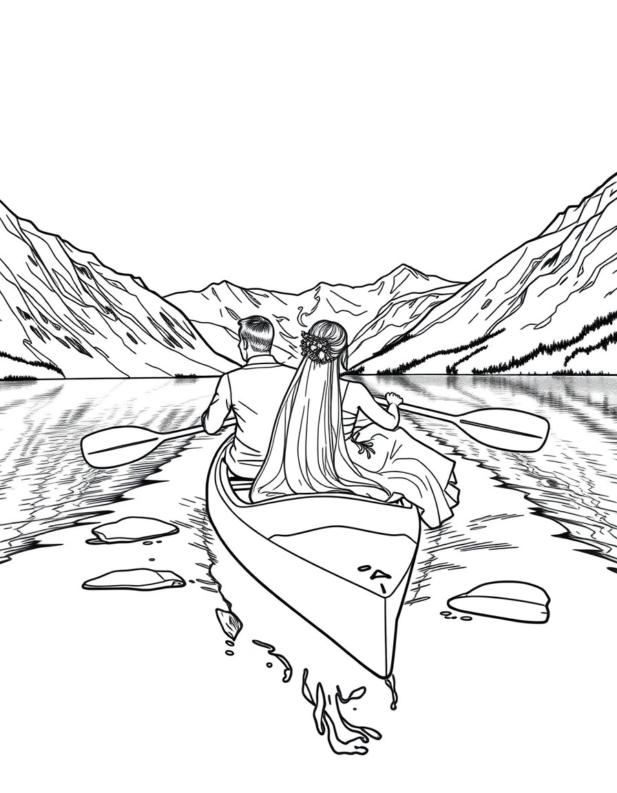 a bride and groom paddling in a double kayak on a norwegian lake.