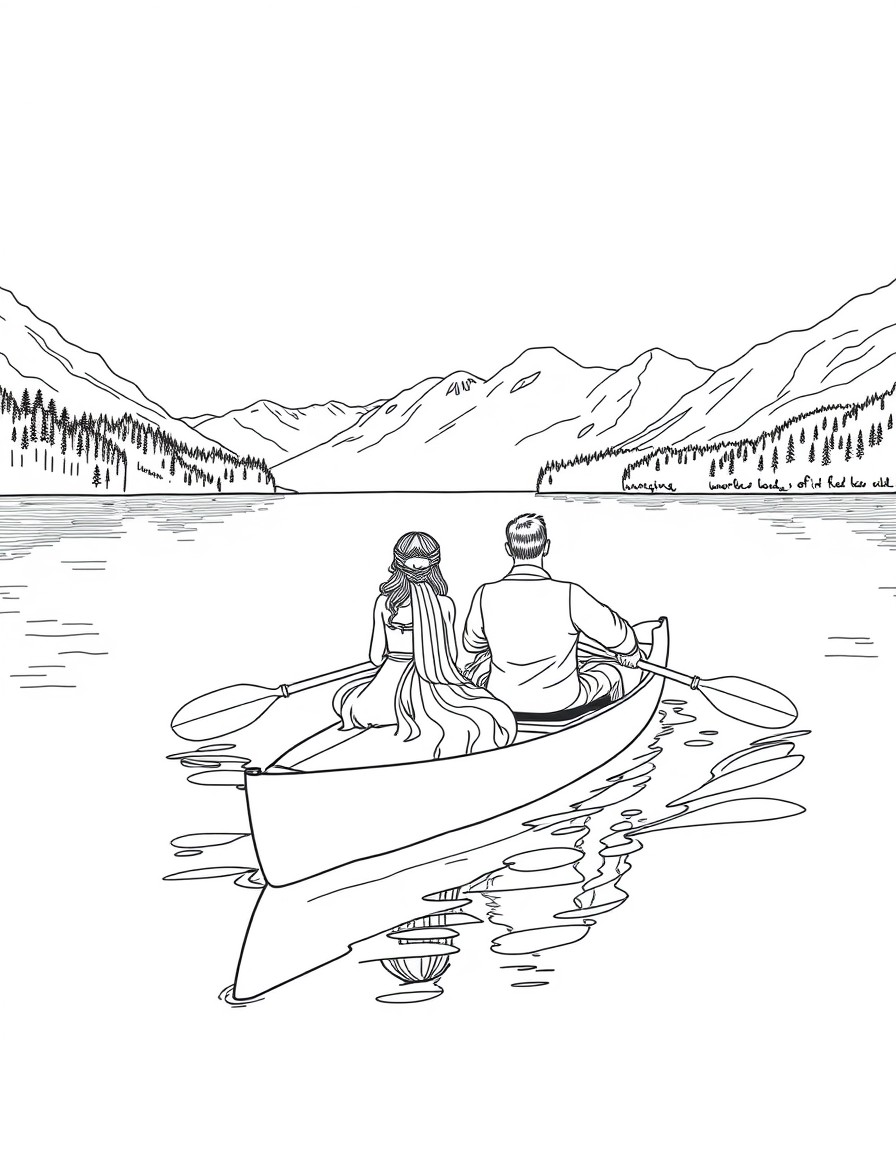 a bride and groom paddling in a double kayak on a norwegian lake.
