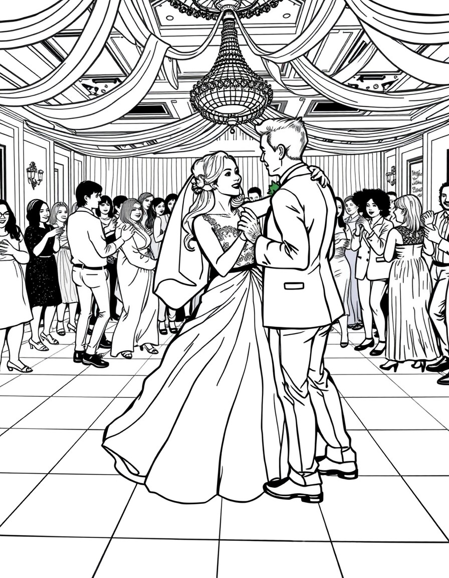 a bride and groom on the dance floor at their wedding surrounded by people dancing and having fun