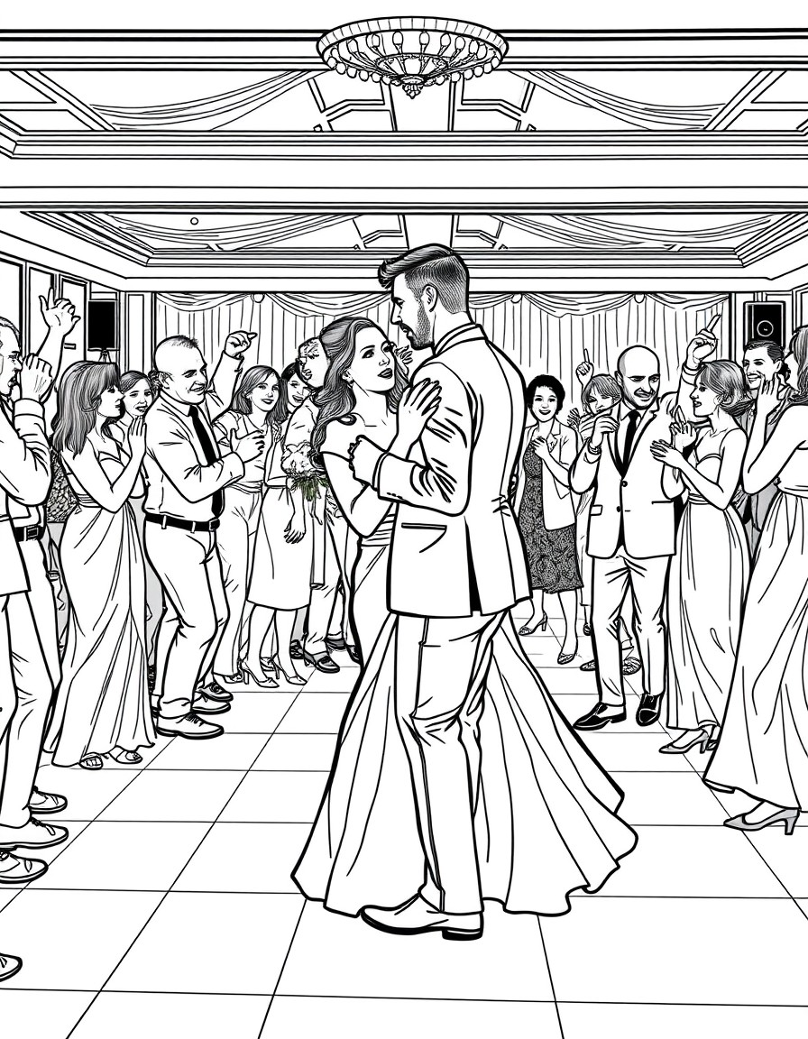 a bride and groom on the dance floor at their wedding surrounded by people dancing and having fun