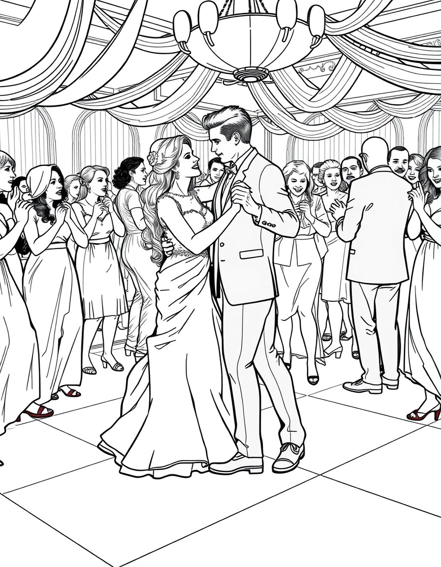 a bride and groom on the dance floor at their wedding surrounded by people dancing and having fun